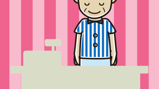 お辞儀する年配男性コンビニ店員のイラスト【色、背景あり】PNG
