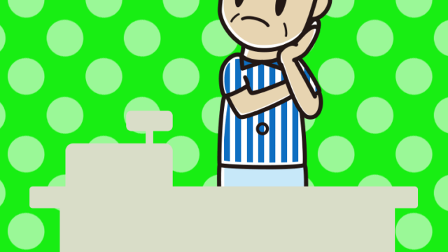 考える年配男性コンビニ店員のイラスト【色、背景あり】PNG