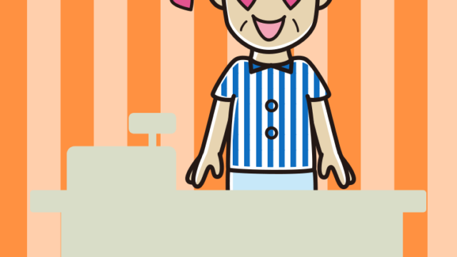 目がハートの年配男性コンビニ店員のイラスト【色、背景あり】PNG