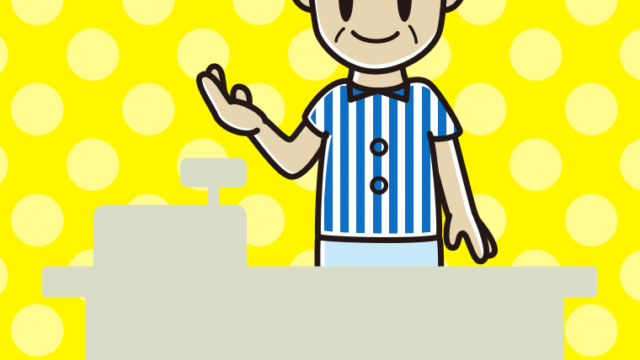 案内する年配男性コンビニ店員のイラスト【色、背景あり】PNG