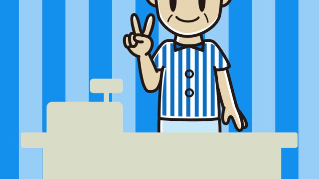 ピースをする年配男性コンビニ店員のイラスト【色、背景あり】PNG