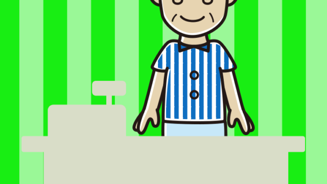 目を閉じる年配男性コンビニ店員のイラスト【色、背景あり】PNG