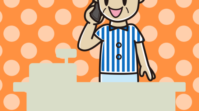 スマホで電話する年配男性コンビニ店員のイラスト【色、背景あり】PNG