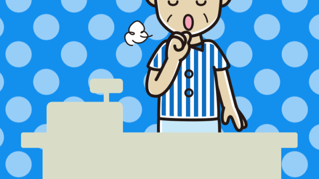 咳払いする年配男性コンビニ店員のイラスト【色、背景あり】PNG