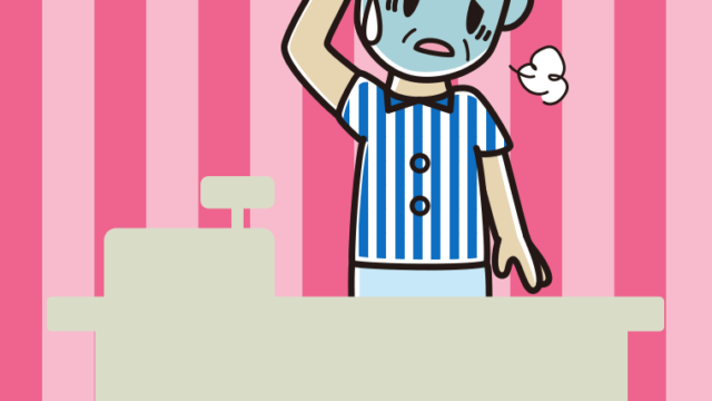 具合が悪い年配男性コンビニ店員のイラスト【色、背景あり】PNG