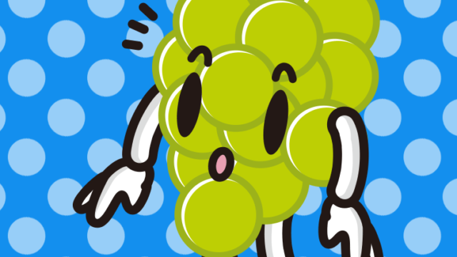 何かに気付くマスカットちゃんのイラスト【色、背景あり】PNG