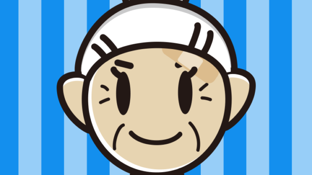 顔に絆創膏を貼ったおばあさんのイラスト【色、背景あり】PNG