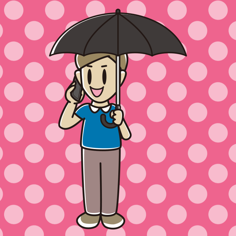 傘をさしてスマホで話す男性のイラスト【色、背景あり】PNG