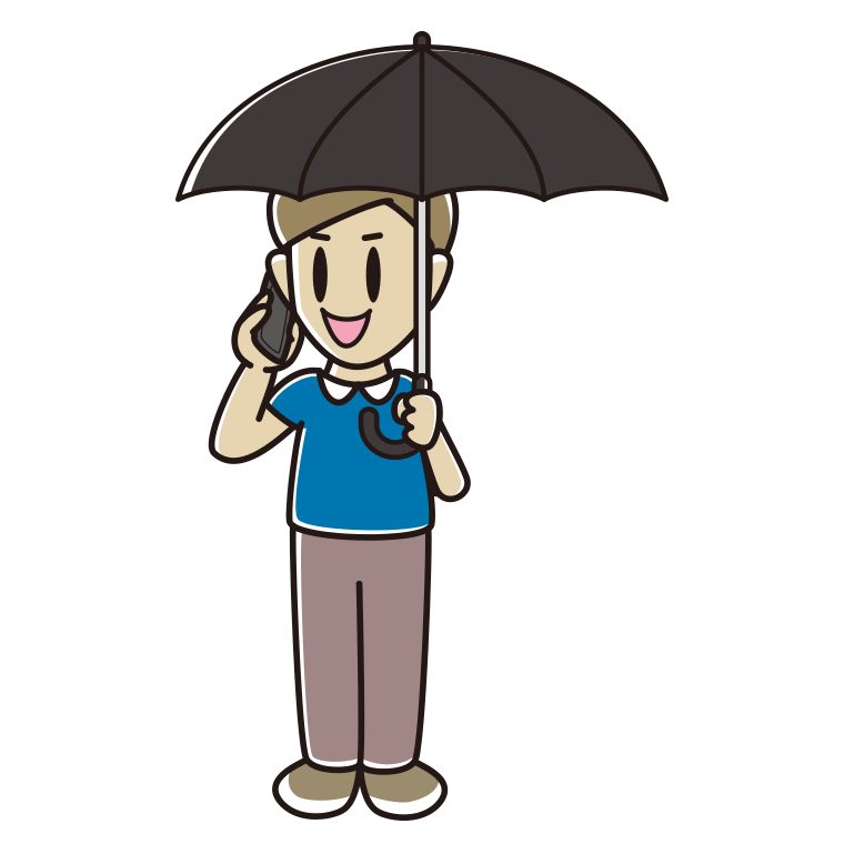 傘をさしてスマホで話す男性のイラスト【色あり、背景なし】透過PNG