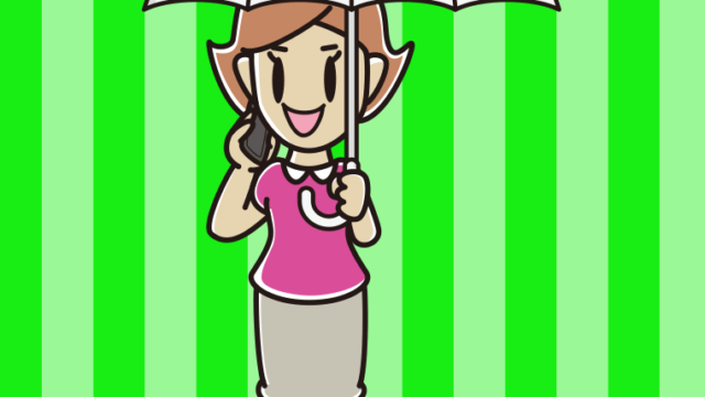 傘をさしてスマホで話す女性のイラスト【色、背景あり】PNG