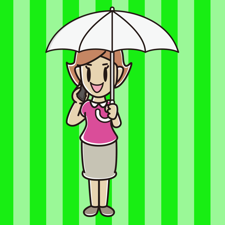 傘をさしてスマホで話す女性のイラスト【色、背景あり】PNG