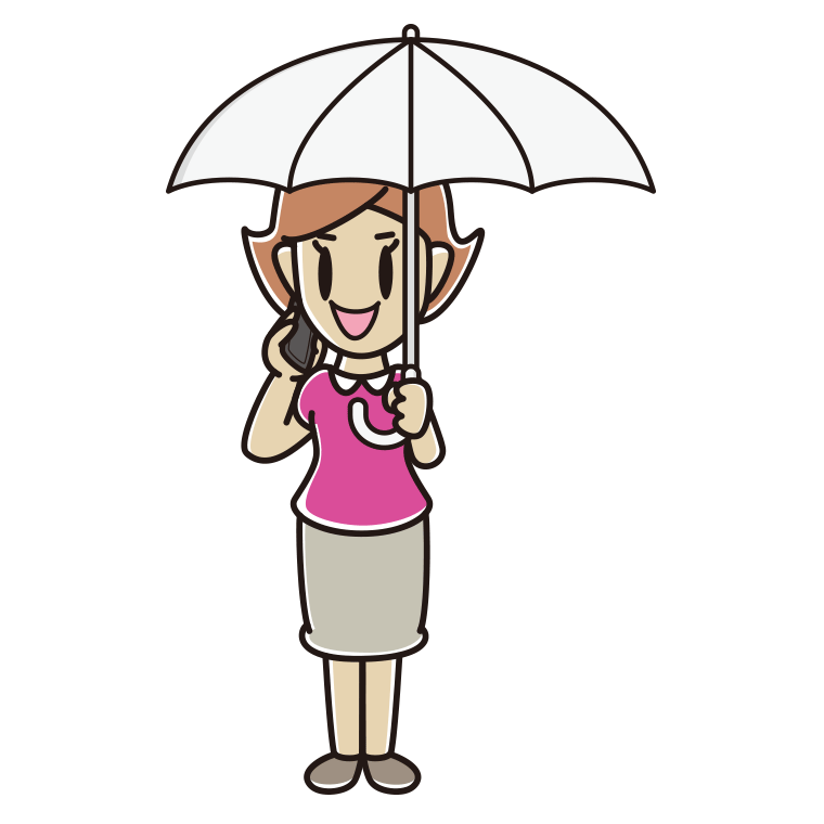 傘をさしてスマホで話す女性のイラスト【色あり、背景なし】透過PNG