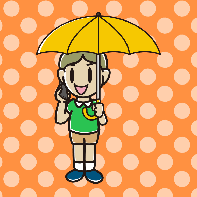 傘をさしてスマホで話す小学生男子のイラスト【色、背景あり】PNG