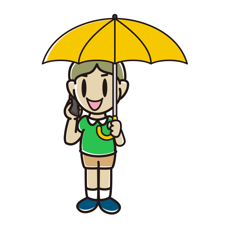 傘をさしてスマホで話す小学生男子のイラスト【色あり、背景なし】透過PNG