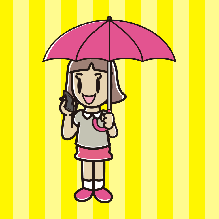 傘をさしてスマホで話す小学生女子のイラスト【色、背景あり】PNG