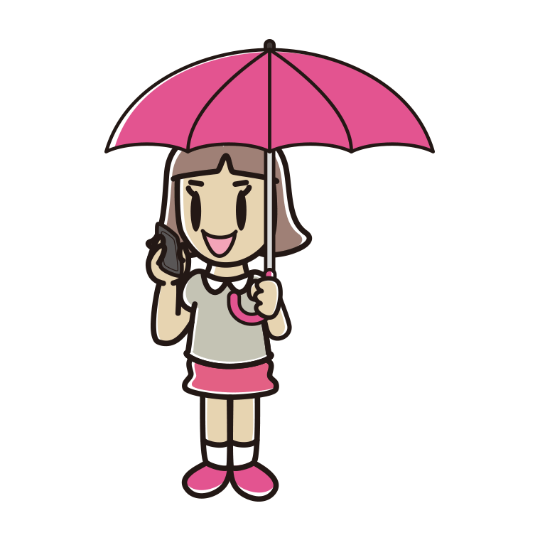 傘をさしてスマホで話す小学生女子のイラスト【色あり、背景なし】透過PNG