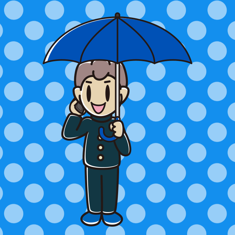 傘をさしてスマホで話す男子中学生のイラスト【色、背景あり】PNG
