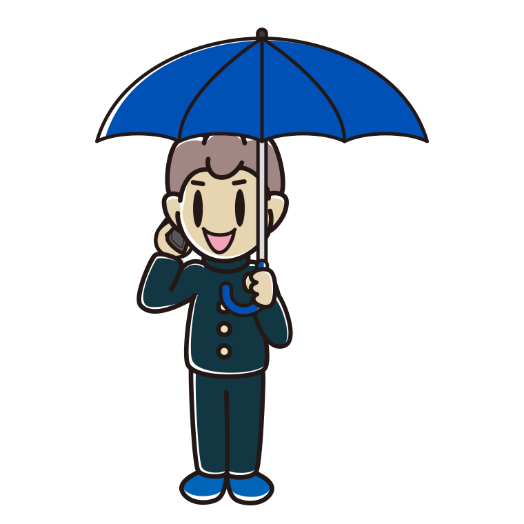 傘をさしてスマホで話す男子中学生のイラスト【色あり、背景なし】透過PNG
