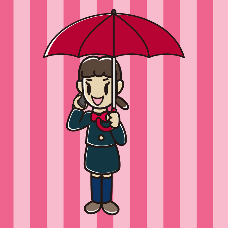 傘をさしてスマホで話す女子中学生のイラスト【色、背景あり】PNG