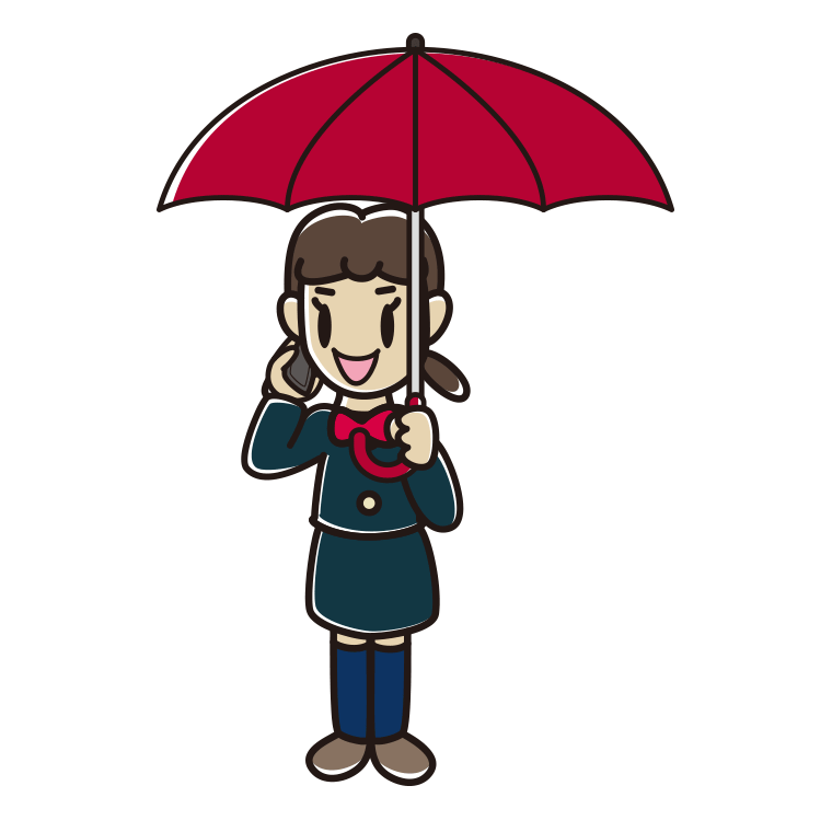 傘をさしてスマホで話す女子中学生のイラスト【色あり、背景なし】透過PNG