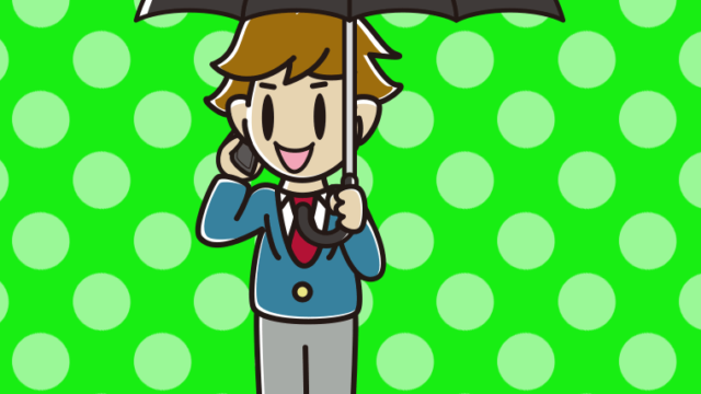 傘をさしてスマホで話す男子高校生のイラスト【色、背景あり】PNG