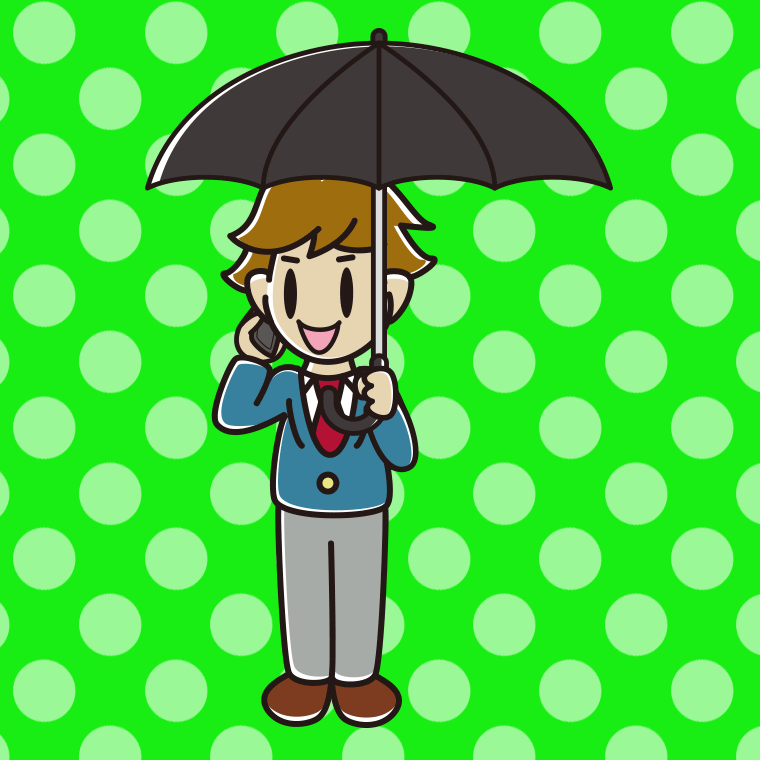 傘をさしてスマホで話す男子高校生のイラスト【色、背景あり】PNG