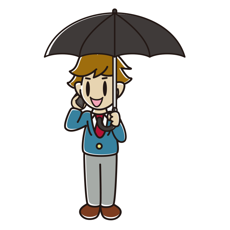 傘をさしてスマホで話す男子高校生のイラスト【色あり、背景なし】透過PNG