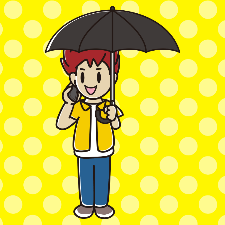 傘をさしてスマホで話す男子大学生のイラスト【色、背景あり】PNG