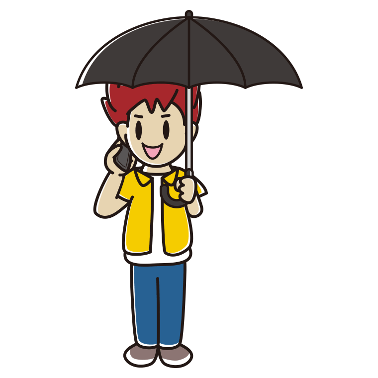 傘をさしてスマホで話す男子大学生のイラスト【色あり、背景なし】透過PNG