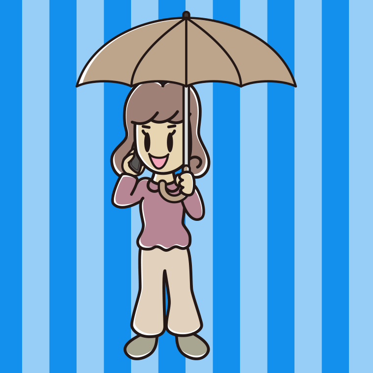 傘をさしてスマホで話す女子大学生のイラスト【色、背景あり】PNG
