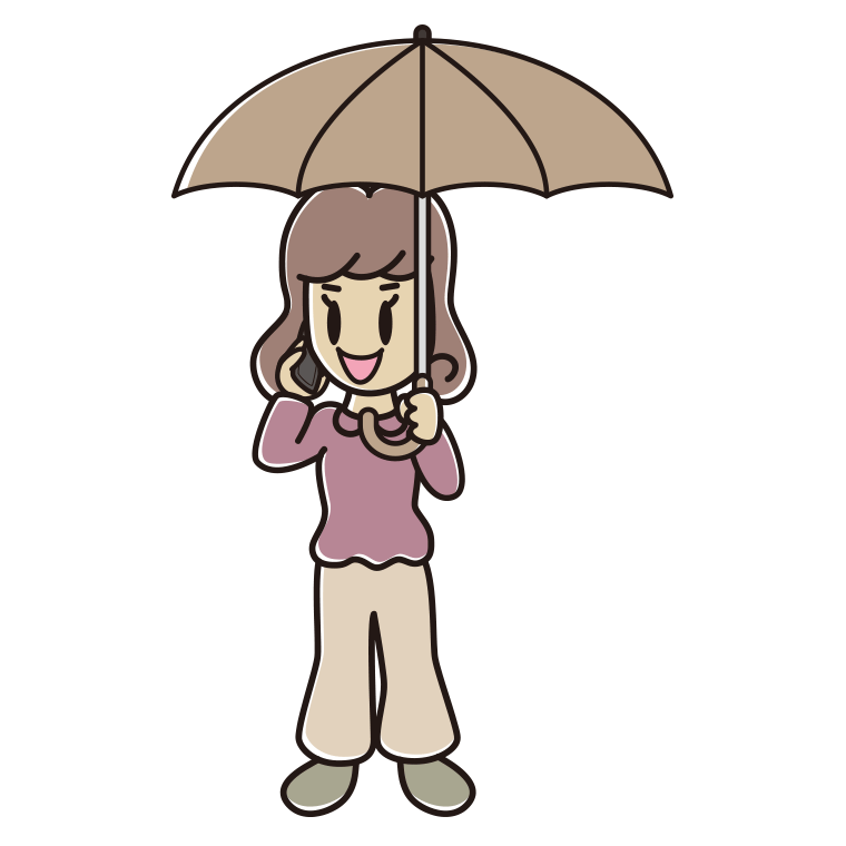 傘をさしてスマホで話す女子大学生のイラスト【色あり、背景なし】透過PNG