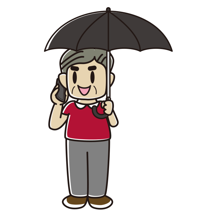 傘をさしてスマホで話すおじさんのイラスト【色あり、背景なし】透過PNG