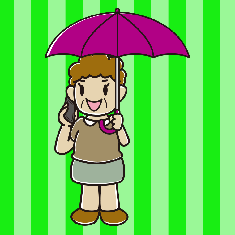 傘をさしてスマホで話すおばさんのイラスト【色、背景あり】PNG