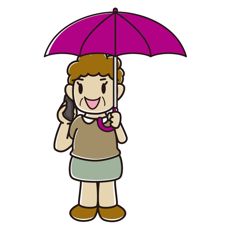 傘をさしてスマホで話すおばさんのイラスト【色あり、背景なし】透過PNG