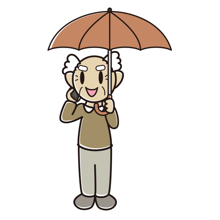 傘をさしてスマホで話すおじいさんのイラスト【色あり、背景なし】透過PNG