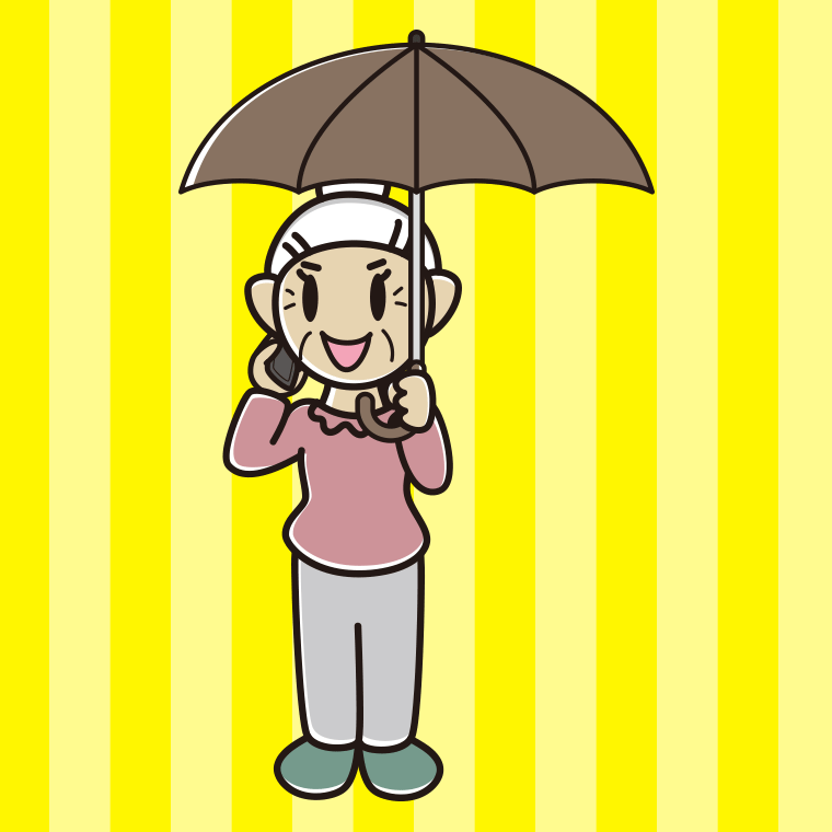 傘をさしてスマホで話すおばあさんのイラスト【色、背景あり】PNG