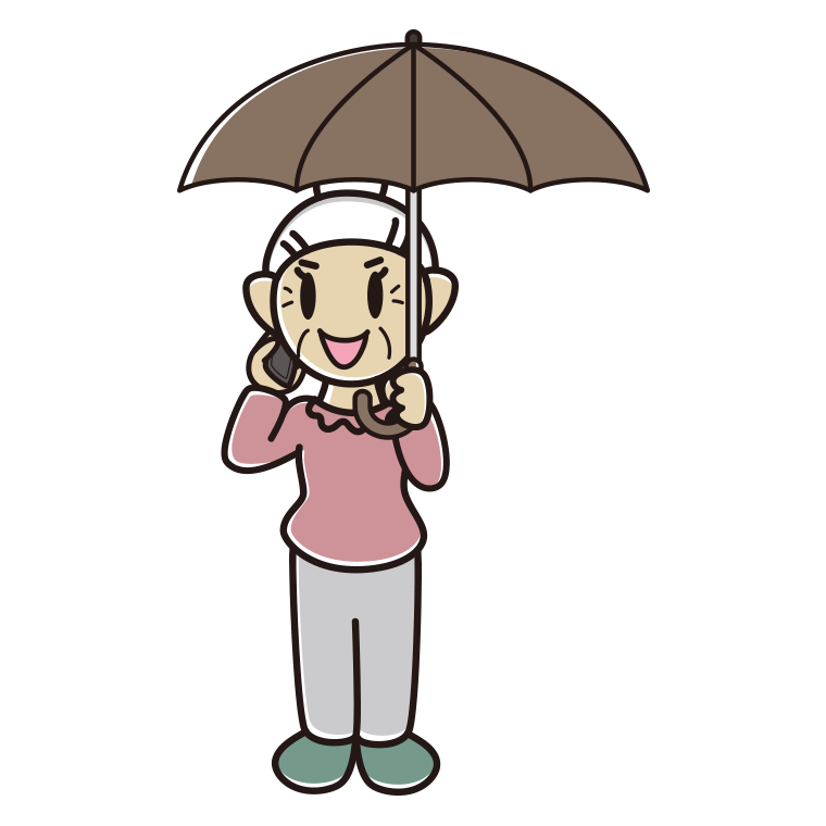 傘をさしてスマホで話すおばあさんのイラスト【色あり、背景なし】透過PNG