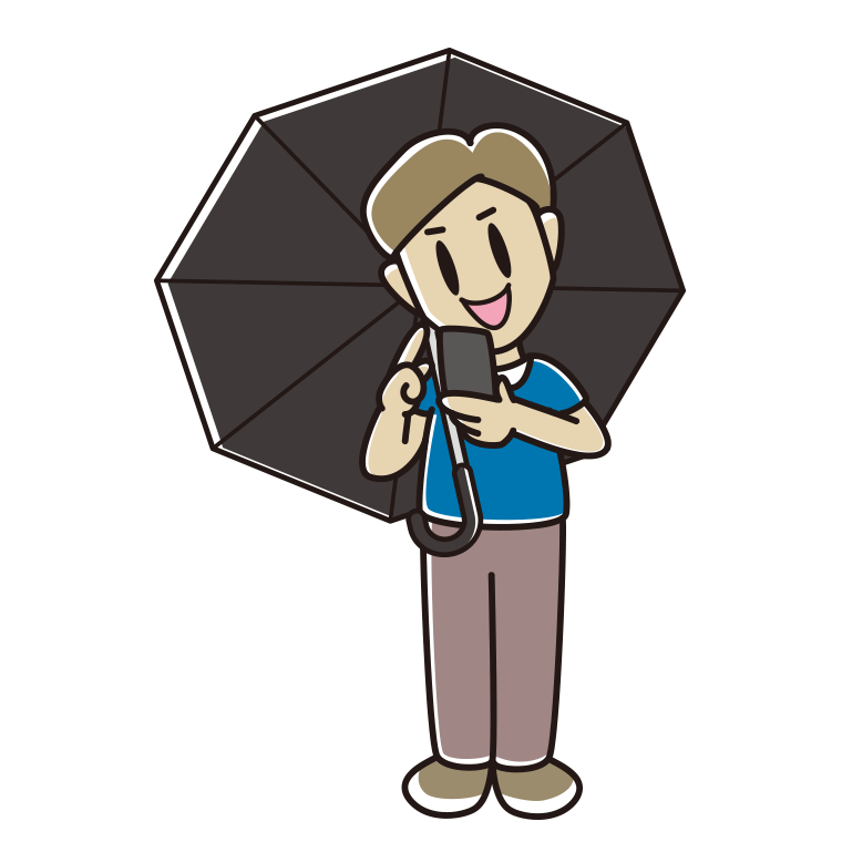 傘をさしてスマホを使う男性のイラスト【色あり、背景なし】透過PNG