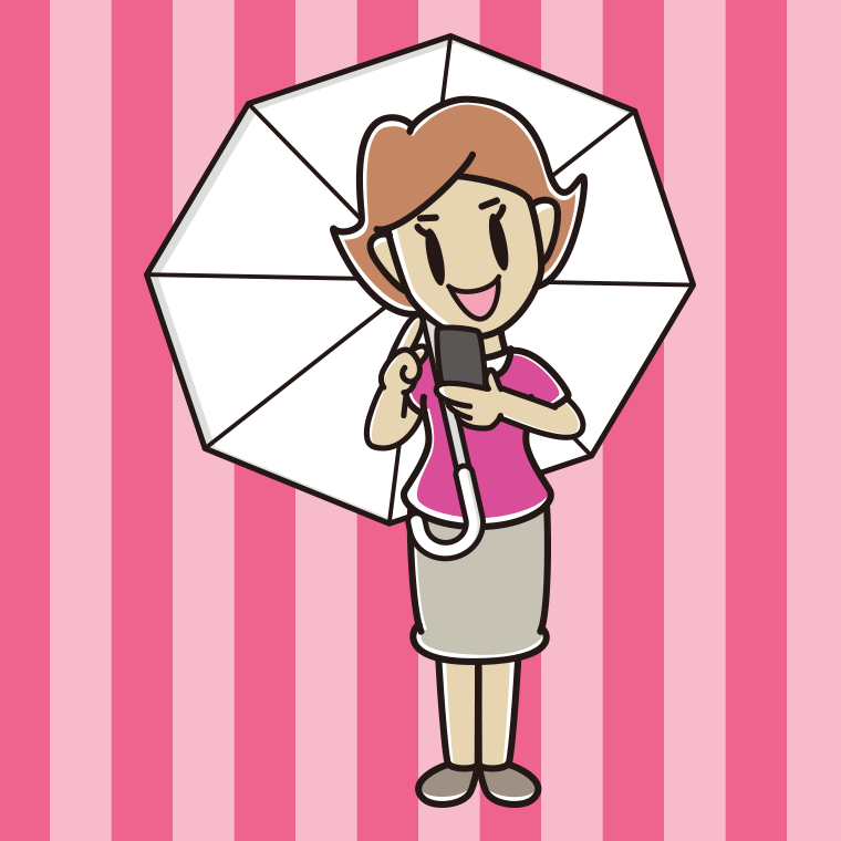 傘をさしてスマホを使う女性のイラスト【色、背景あり】PNG