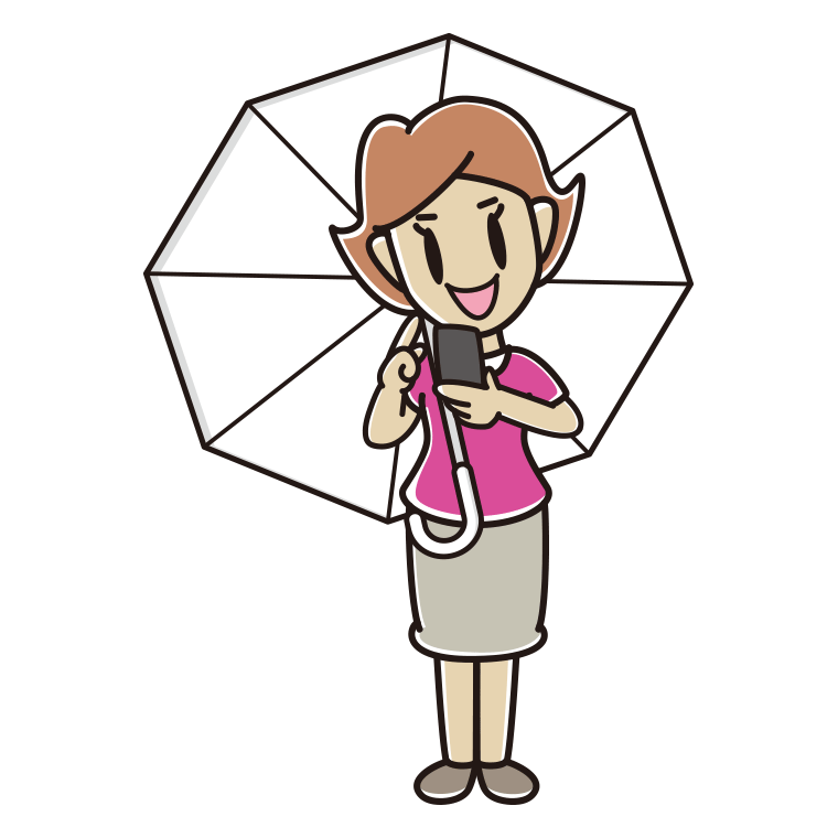 傘をさしてスマホを使う女性のイラスト【色あり、背景なし】透過PNG