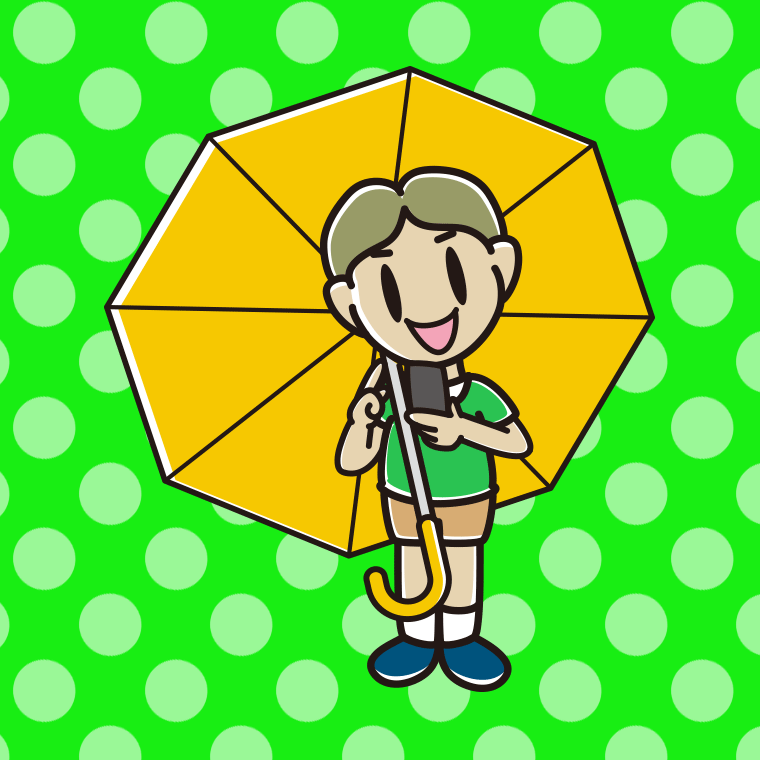 傘をさしてスマホを使う小学生男子のイラスト【色、背景あり】PNG
