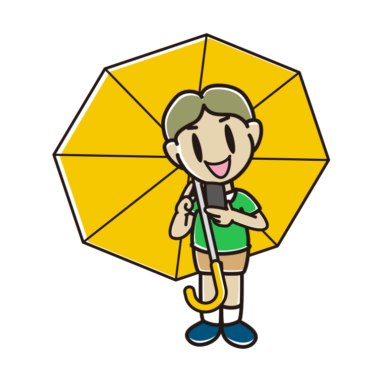 傘をさしてスマホを使う小学生男子のイラスト【色あり、背景なし】透過PNG