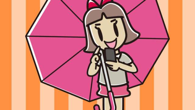 傘をさしてスマホを使う小学生女子のイラスト【色、背景あり】PNG