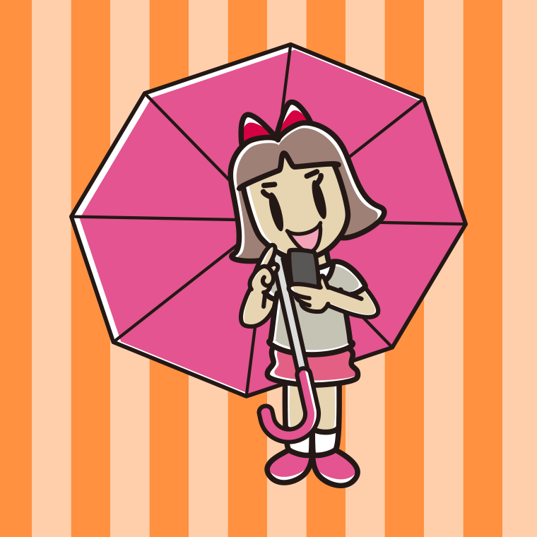 傘をさしてスマホを使う小学生女子のイラスト【色、背景あり】PNG