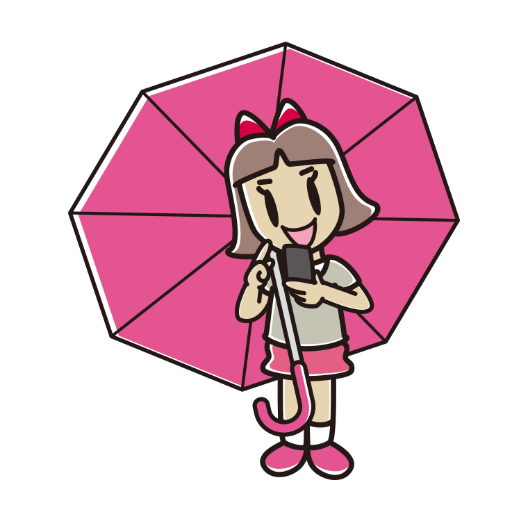 傘をさしてスマホを使う小学生女子のイラスト【色あり、背景なし】透過PNG