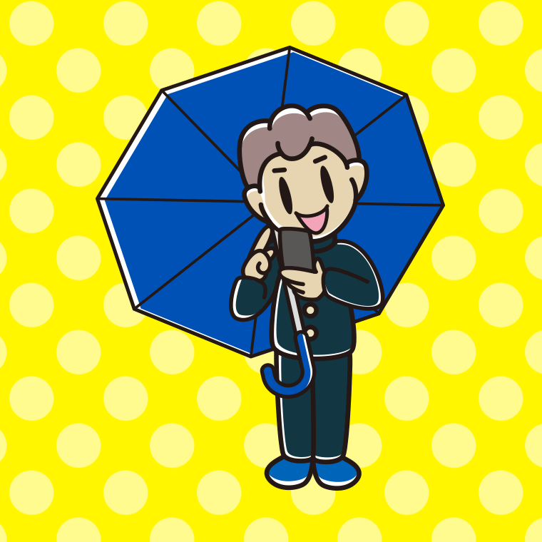 傘をさしてスマホを使う男子中学生のイラスト【色、背景あり】PNG