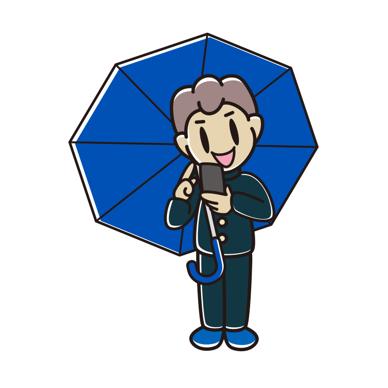 傘をさしてスマホを使う男子中学生のイラスト【色あり、背景なし】透過PNG