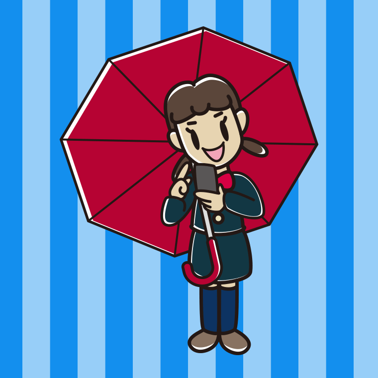 傘をさしてスマホを使う女子中学生のイラスト【色、背景あり】PNG