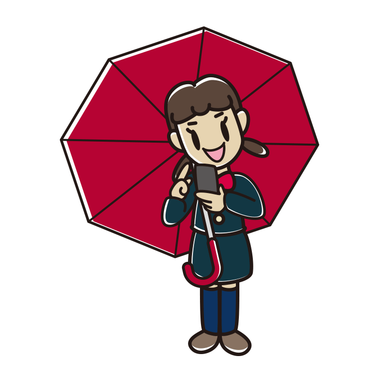 傘をさしてスマホを使う女子中学生のイラスト【色あり、背景なし】透過PNG