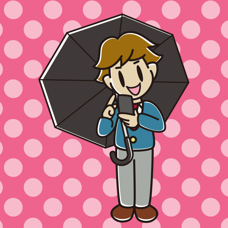 傘をさしてスマホを使う男子高校生のイラスト【色、背景あり】PNG